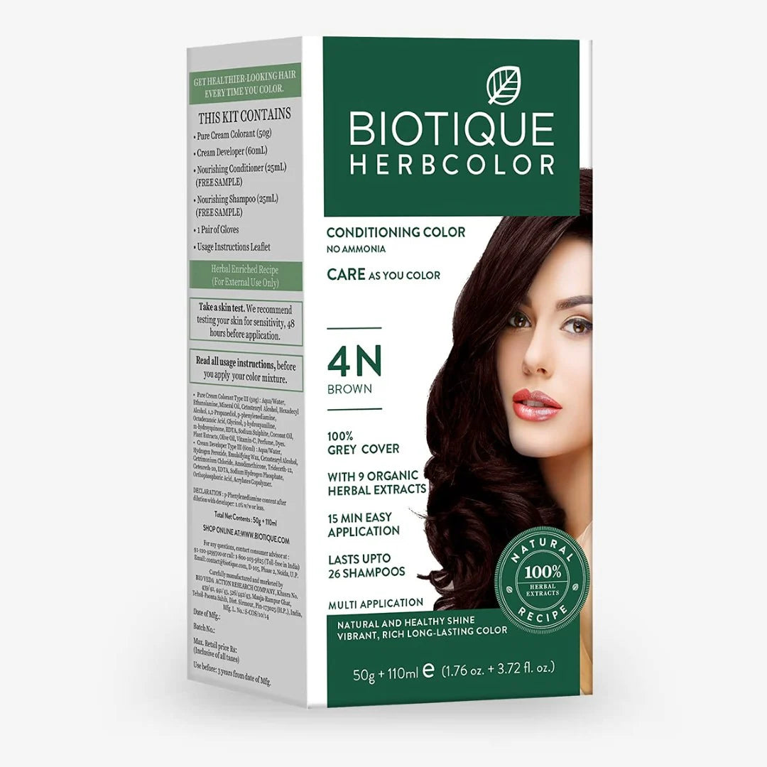 Biotique Herbcolor Conditioning Hair Colour l Ammonia Free Hair Color l 9 Organic Herbal Extracts l Natural and Healthy Shine l 50g + 110ml| Brown 4N (Pack of 1)