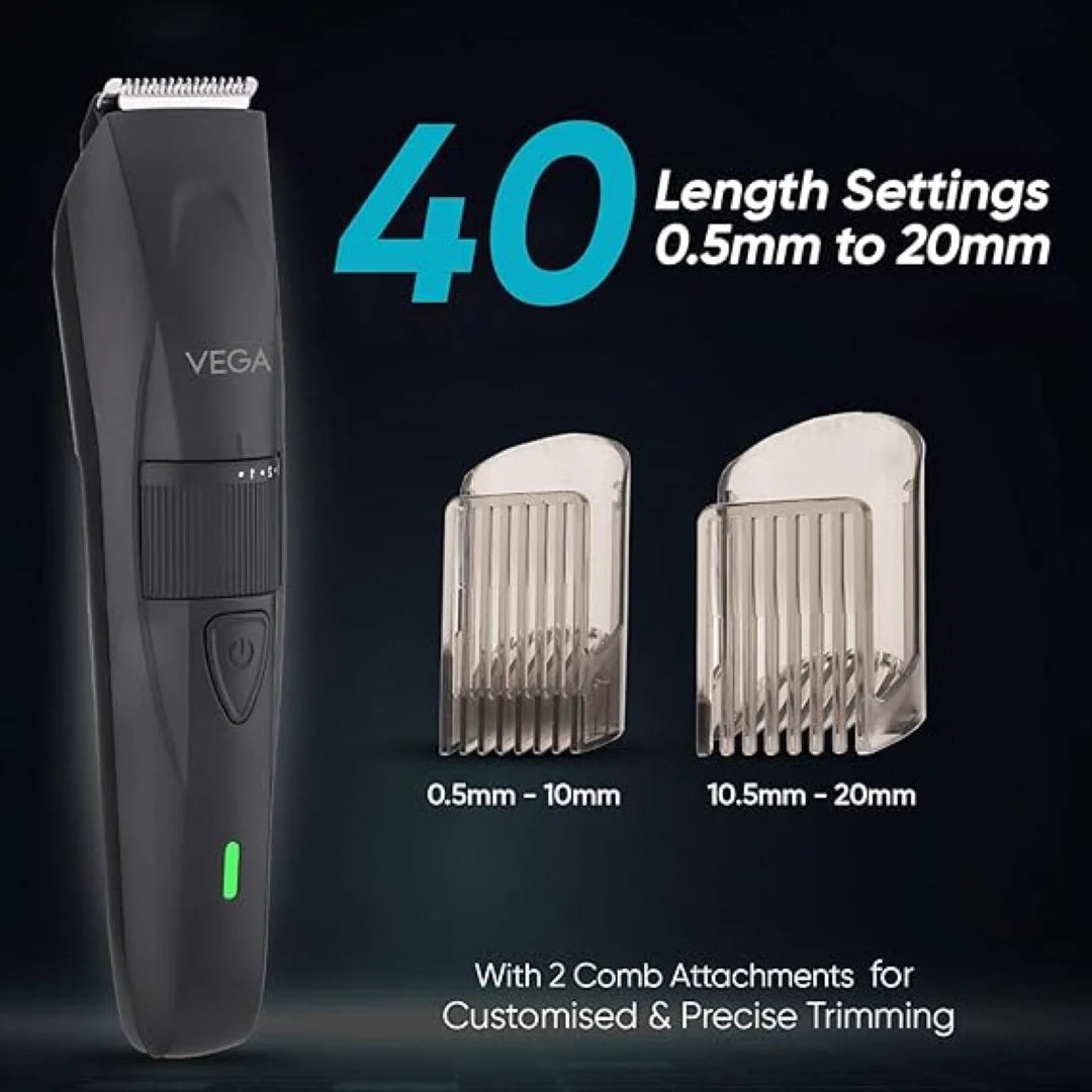 Vega Trimmer for Men with 90 Mins Runtime, Stainless Steel Blades & 40 Length Settings, 2 Comb Attachment, Cord and Cordless Use, Black, (Power Lite, VHTH-38)