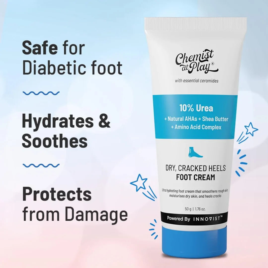 Chemist at Play Foot Cream for Cracked Heels & Diabetic Foot | Up to 24 hours of Moisturization | 10% Urea & Natural AHAs | Nourishment & Hydration | For Dry & Cracked Feet | Lightweight | 50g