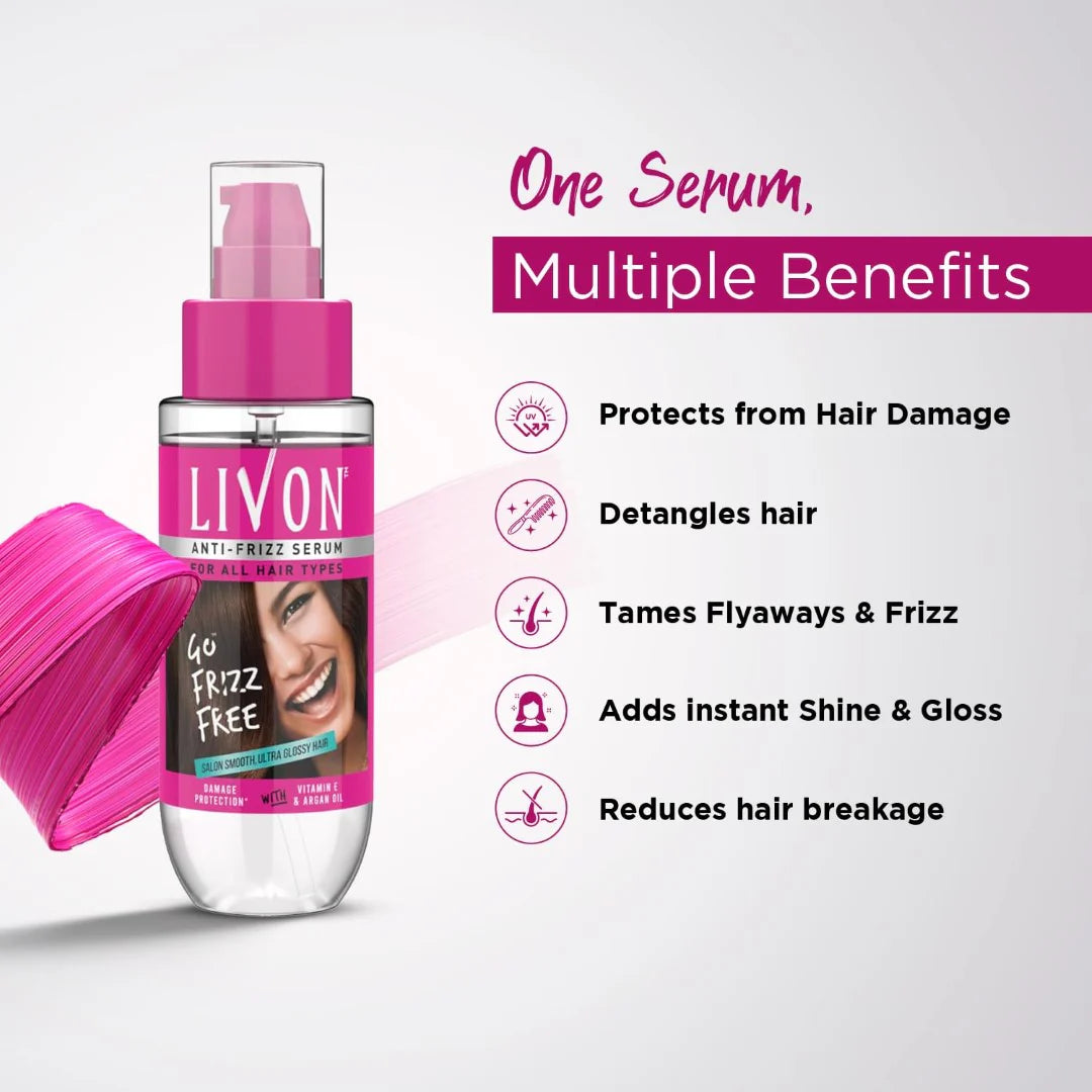 Livon Hair Serum For Women | All Hair Types | Smooth, Frizz-Free & Glossy Hair | With Argan Oil & Vitamin E | 200 ml