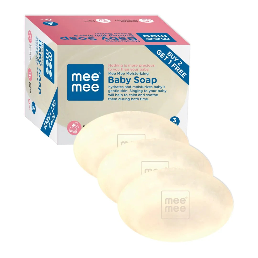 Mee Mee Baby Soap 75g, Pack of 3 (Buy 2, Get 1 Free) | Nurturing Bathing Bar with Natural Shea & Cocoa Butter | For Baby's Sensitive Skin | Paraben Free | Dermatologist-Approved for Gentle Skin Care