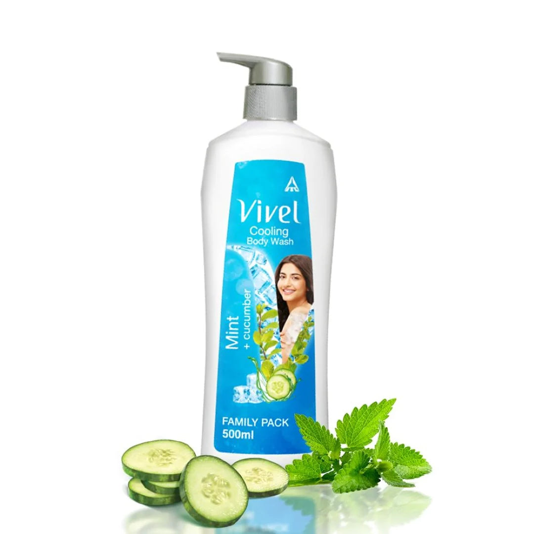 Vivel Cooling Body Wash, Mint & Cucumber Shower Gel, 500 ml Pump Bottle, Refreshing, Moisturizing & Fragrant Bodywash, For Soft, Smooth & Fresh Skin, For Women & Men