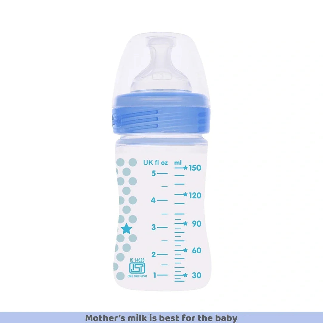 Chicco Well-Being 150 ml Feeding Bottle, Advanced Anti-Colic System, BPA Free, Hygienic Silicone Teat (Blue)