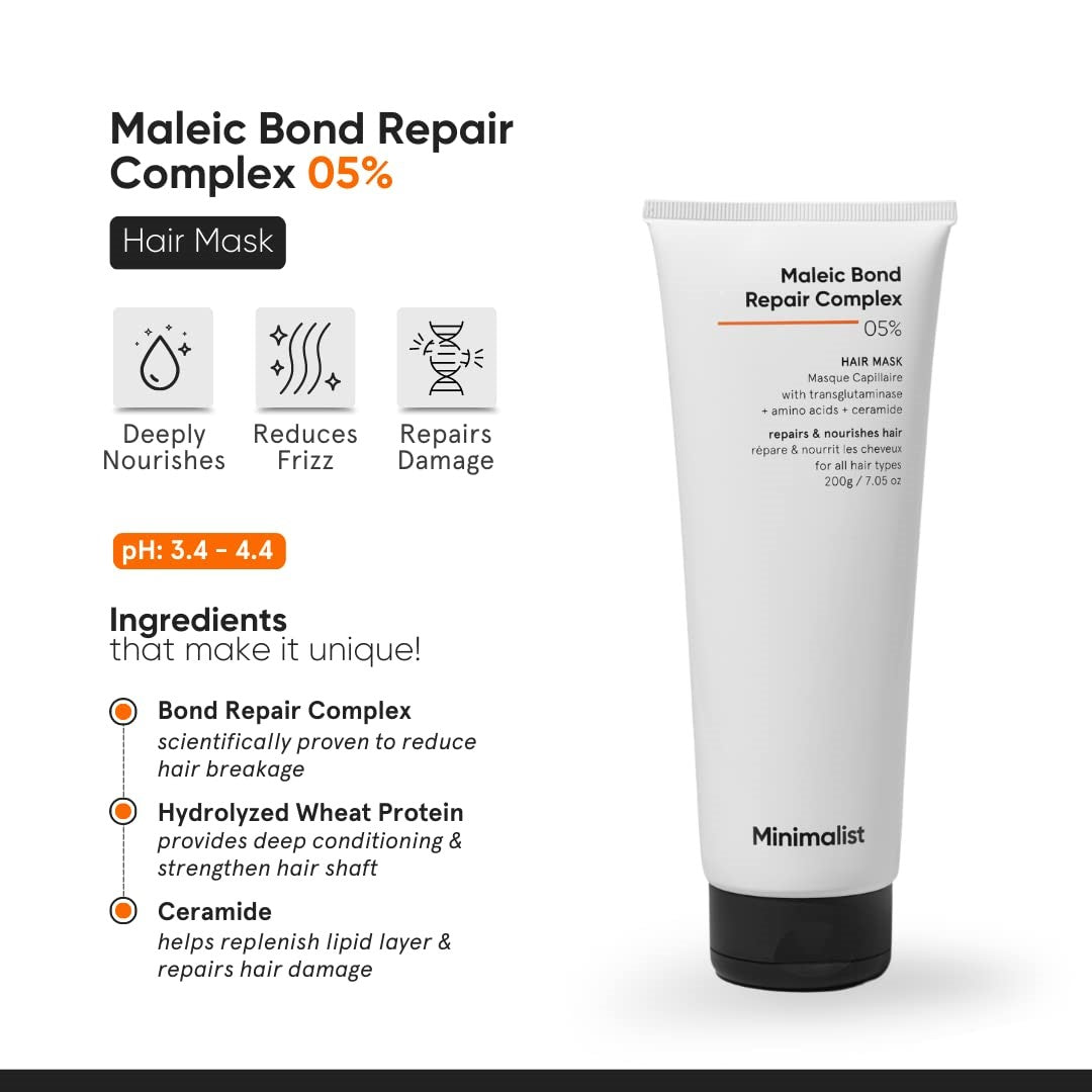 Minimalist Hair Mask For Repairing Dry, Damaged & Dull Hair | Maleic Bond Repair Complex 05% With Transglutaminase, For Damaged & Controls Frizzy Hair | For Women & Men Unscented, 200 Gram