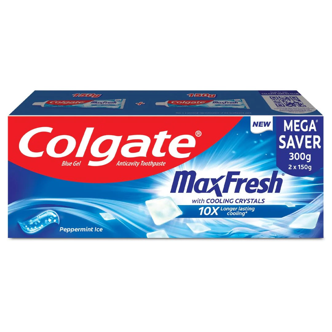 Colgate MaxFresh Toothpaste, Blue Gel Tooth Paste with Menthol for Super Fresh Breath, 300g, 150g X 2 (Peppermint Ice, Combo Pack Offer)