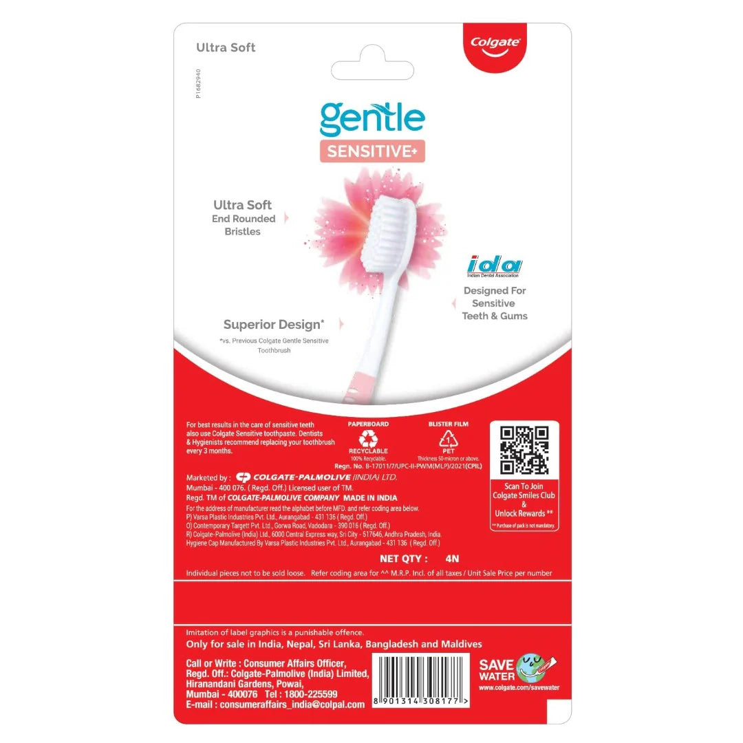 Colgate Gentle Sensitive Soft Bristles Manual Toothbrush For Adult Combo Pack Offer - 4Pcs, Multi Colour