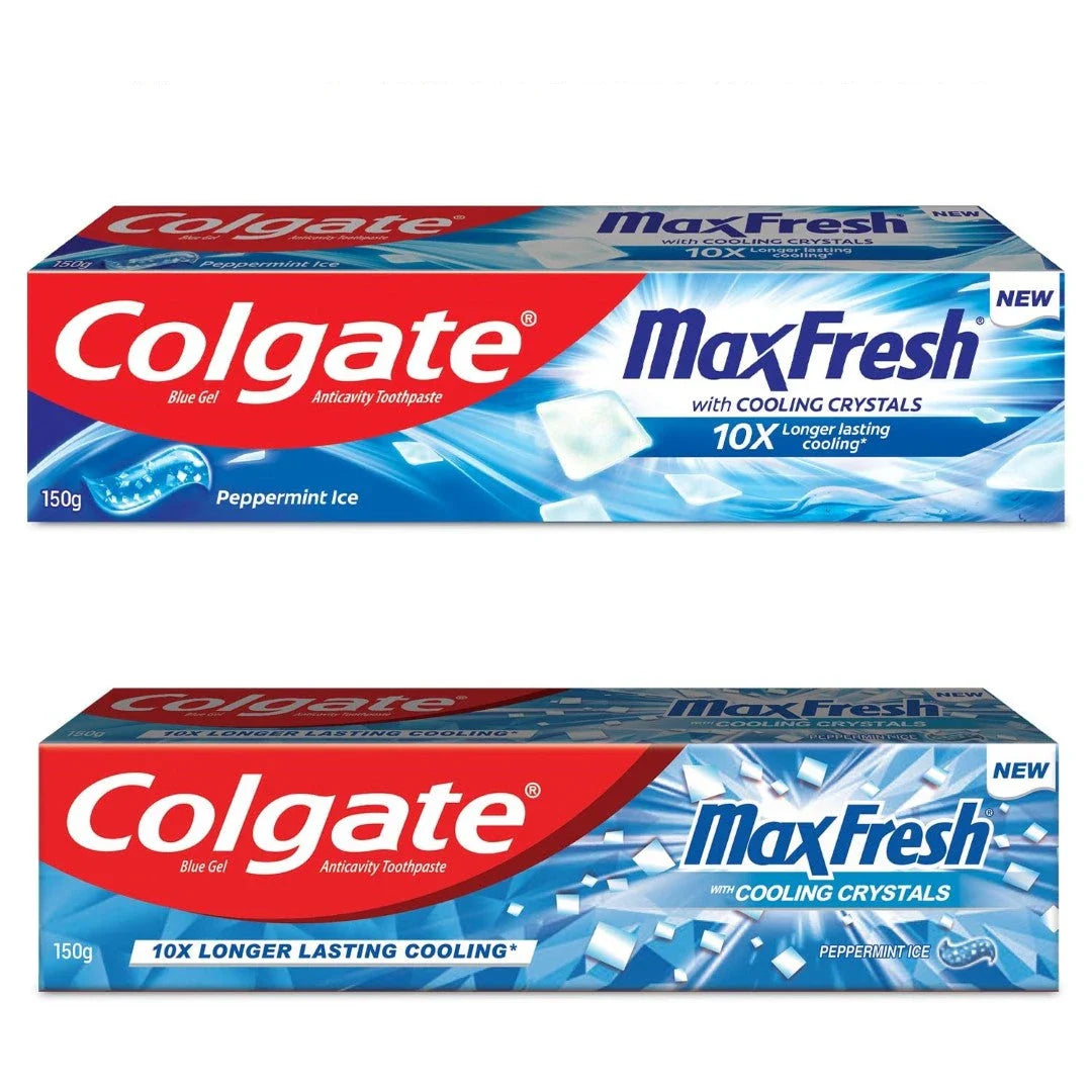 Colgate MaxFresh Toothpaste, Blue Gel Tooth Paste with Menthol for Super Fresh Breath, 300g, 150g X 2 (Peppermint Ice, Combo Pack Offer)