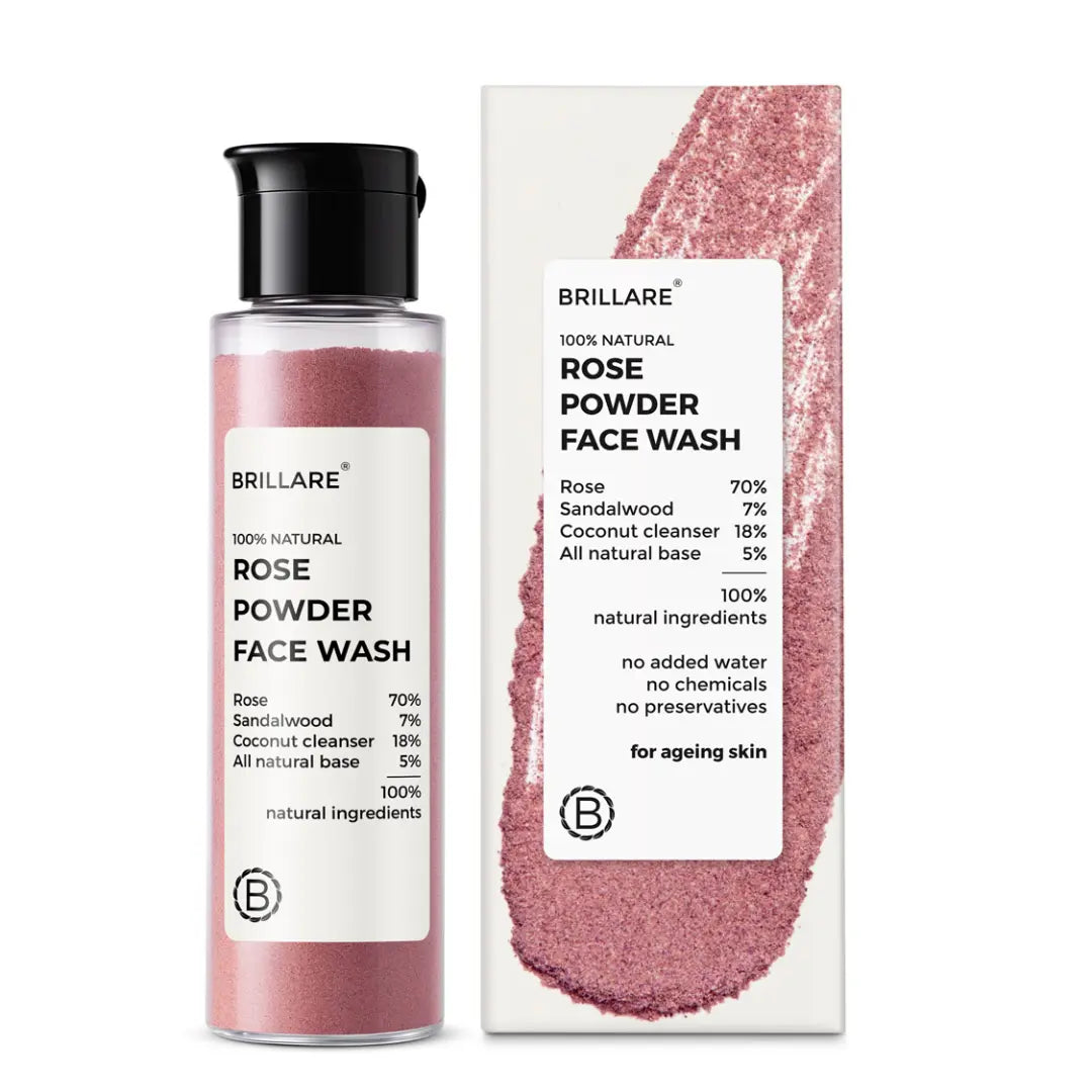 Brillare Rose Face Wash, Anti Ageing Skin, Sandalwood & Coconut Face Wash for Hydration Reduces Ageing Signs & Wrinkles, 100% Natural Powder Face Wash, 30g