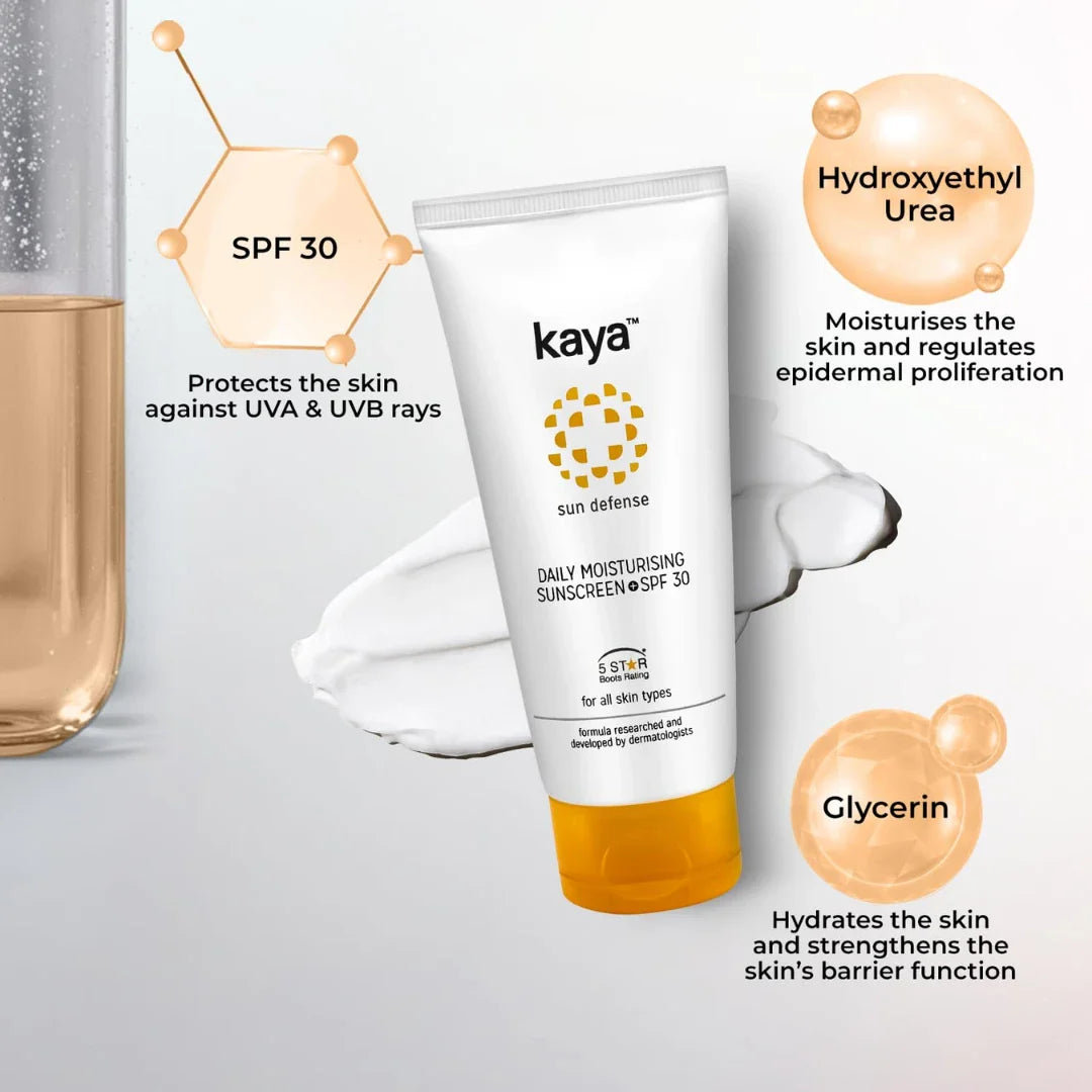 Kaya Clinic Daily Moisturizing Sunscreen Cream SPF30 | 5 Star Boots Rating | UV Protection | Hydrates Skin | Lightweight | Non Sticky | For All Skin Types (75ml)