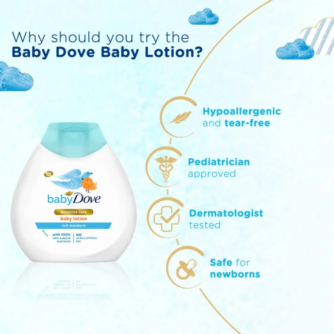 Baby Dove Rich Moisture Baby Lotion 200 ml | Gentle Baby Lotion for Baby's Soft Skin | Body Lotion for Kids | Hypoallergenic, No Sulphates, No Parabens