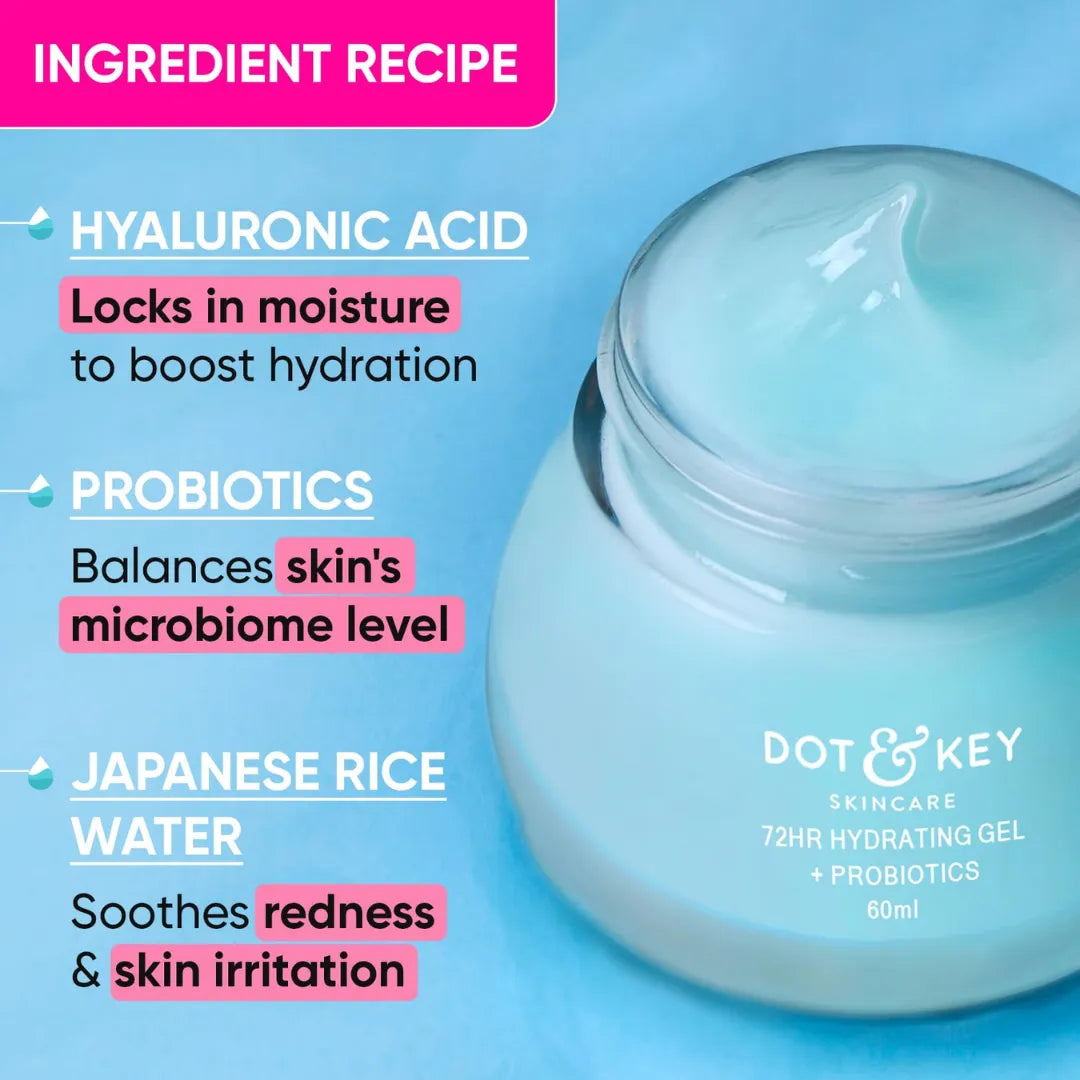 DOT & KEY 72Hr Hydrating Gel + Probiotics Moisturizer For Face With Hyaluronic Acid, Kombucha & Rice Water Lightweight Gel Oil Free Moisturizer (60ml)