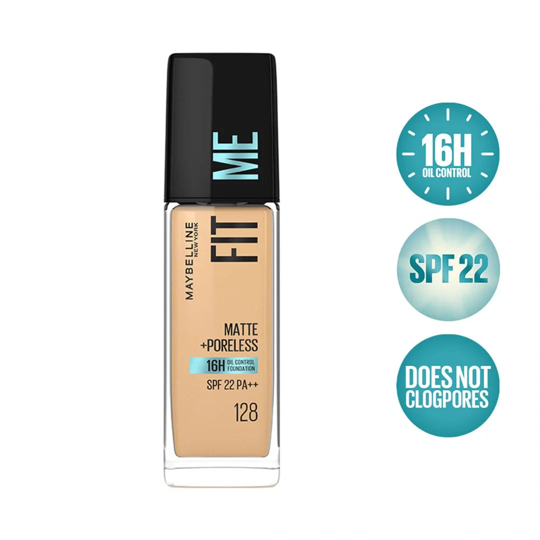 Maybelline New York Liquid Foundation, Matte Finish, With SPF, Absorbs Oil, Fit Me Matte + Poreless, 128 Warm Nude, (30ml)