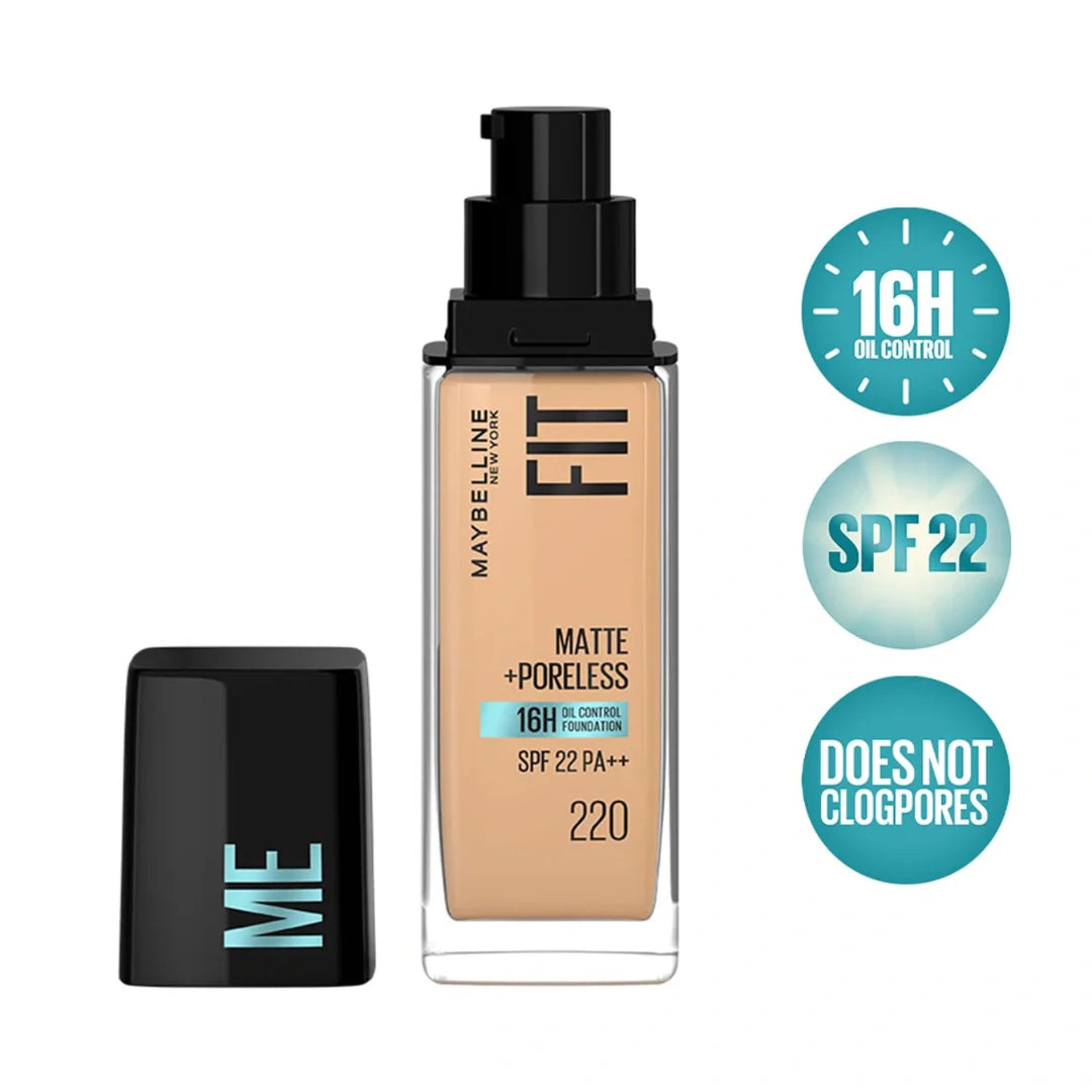 Maybelline New York Liquid Foundation, Matte Finish, With SPF, Absorbs Oil, Fit Me Matte + Poreless, 220 Natural Beige, 30ml