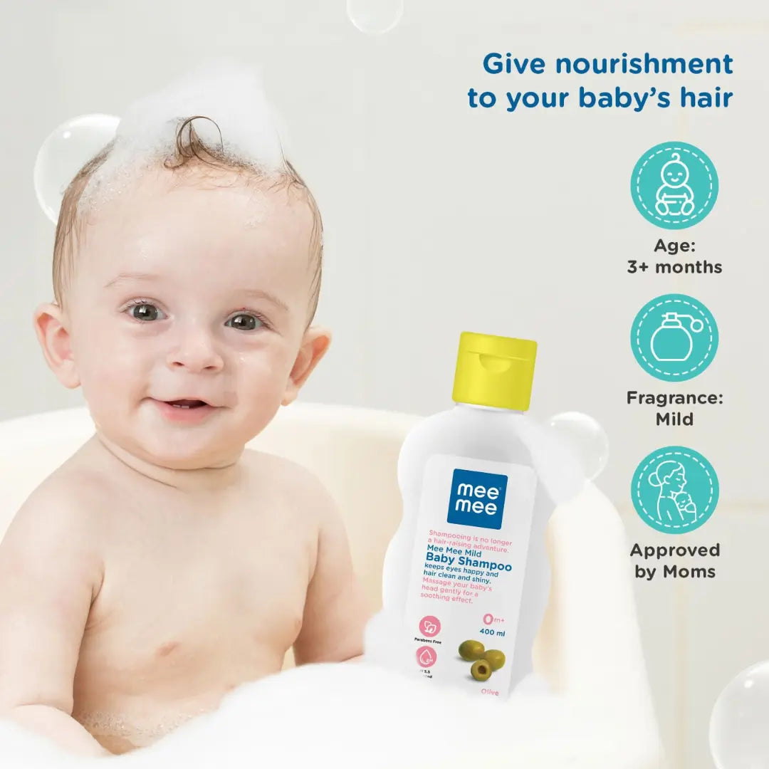 Mee Mee Gentle Baby Shampoo 400ml | For Daily Moisturizing Enriched with Olive Extracts | Tear-Free Formula Nourishes, Soothes, & Protects Sensitive Skin | Hypoallergenic, Sulfate and Paraben-Free | Skin Friendly PH