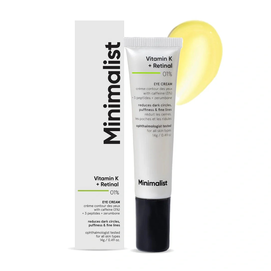 Minimalist Vitamin K + Retinal 01% Under Eye Cream | Reduces Dark Circles, Wrinkles & Fine Lines | With Caffeine for Puffiness | For Women & Men | 14gm