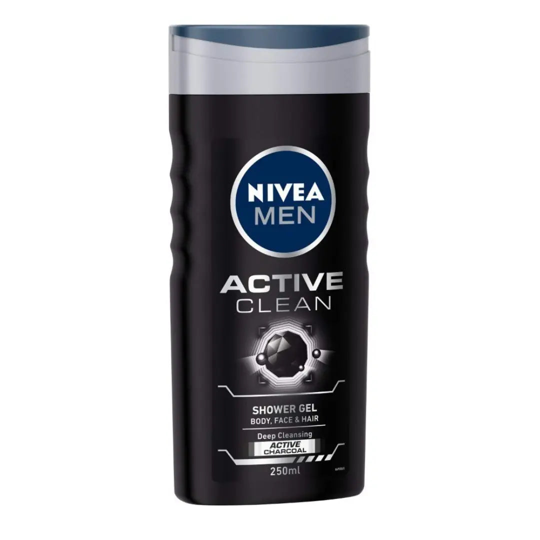 NIVEA Men Body Wash, Active Clean with Active Charcoal, Shower Gel for Body, Face & Hair, 250 ml