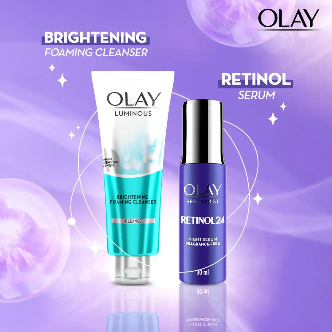 Olay Retinol Kit for Overnight Repair | Retinol Serum with Free Cleanser | Plumper, Younger looking Skin | 24h Hydration | Fragrance Free | Normal, Oily,Dry,Combination Skin | Paraben & Sulphate Free | Pack of 2