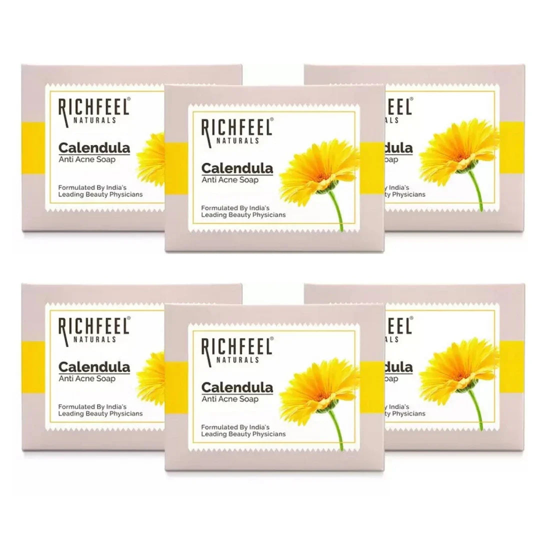 Richfeel Calendula Anti Acne Soap | Power of Soothing Calendula Extracts | For skin prone to Acne & Blemishes | Physician Formulated | Helps Calm & Replenish Skin | 75 g (Pack of 6)