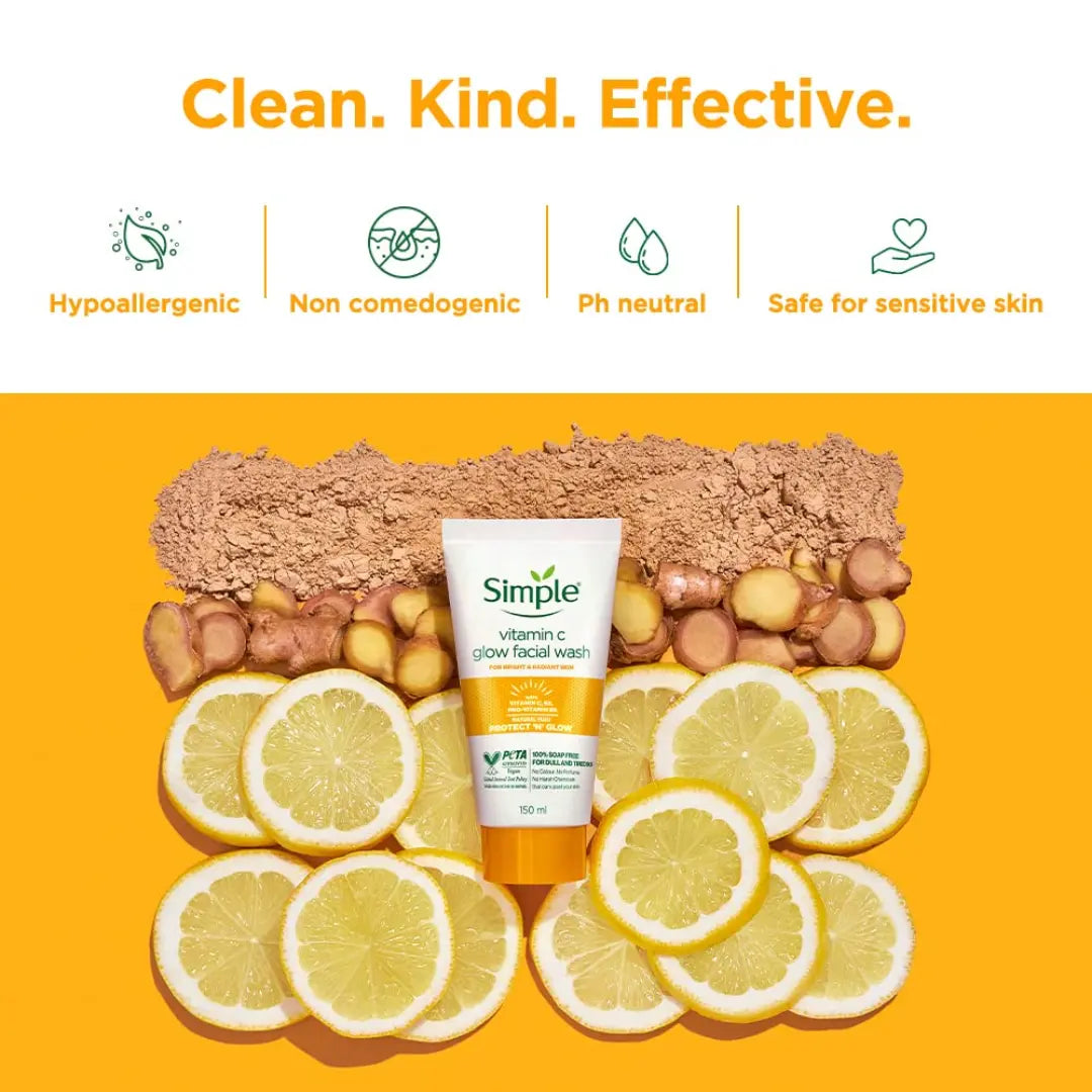 Simple Vitamin C Glow Face Wash for sensitive, dry & oily skin | 100% soap-free gentle cleanser for women & men