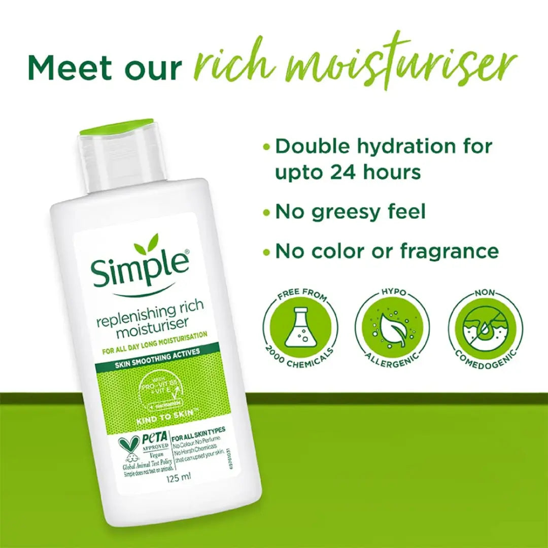 simple Kind To Skin Replenishing Rich Moisturiser Lotion 125 Ml | For All Day-Long Moisturisation | For Normal To Dry Skin