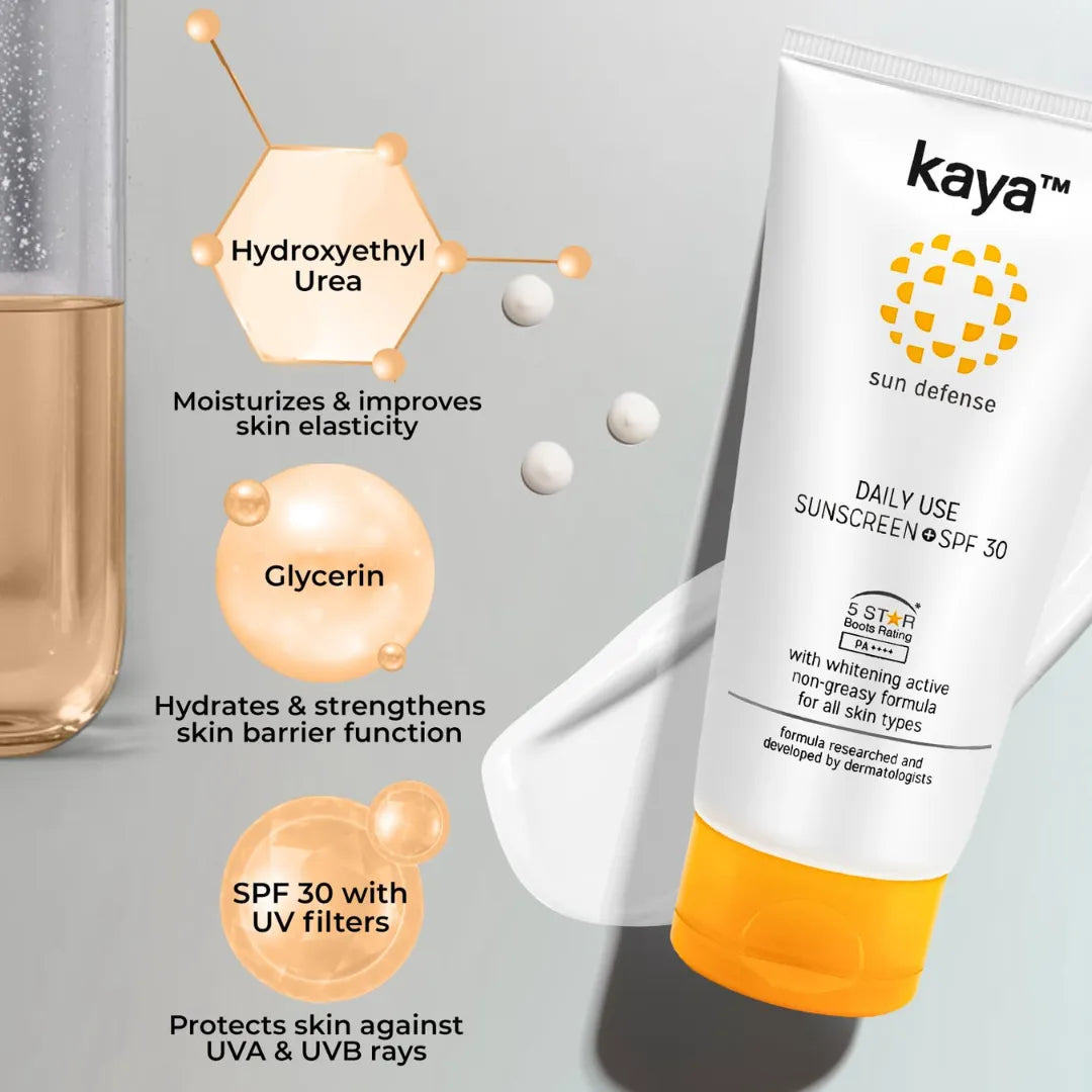 Kaya Daily Use Sunscreen SPF30 PA++++ | Contains Niacinamide | PABA Free | Non Greasy Formula | All Skin Types | (75ml)