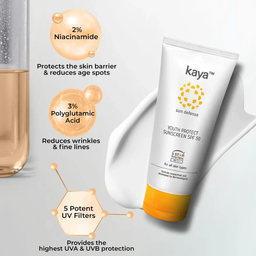 Kaya Clinic Youth Protect Sunscreen Cream SPF 50 PA++++ | UV A & UV B Protection | Lightweight | Non Sticky Sunscreen | PABA Free | All Skin Types, 50ml