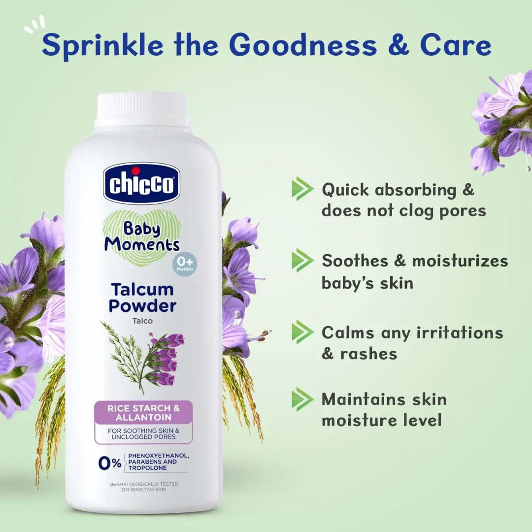 Chicco Baby Moments Talcum Powder with Natural Ingredients, Soothes & Moisturises Baby’s Skin, Dermatologically Tested, Paraben Free, Phenoxyethanol Free 0M+ (150 gm)