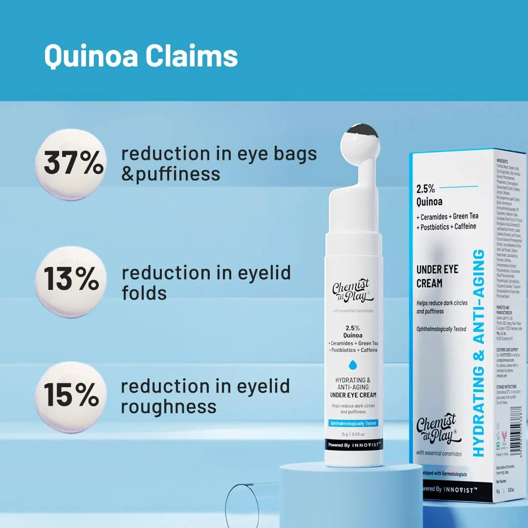 Chemist At Play Under Eye Cream with 2% Revital Eye & Quinoa Extract|Reducing Dark Circles, Puffiness, Wrinkles, Crows Feet|Plant-Based Ceramides|100% Vegan|Cooling Gel & Roller for Men & Women|15g