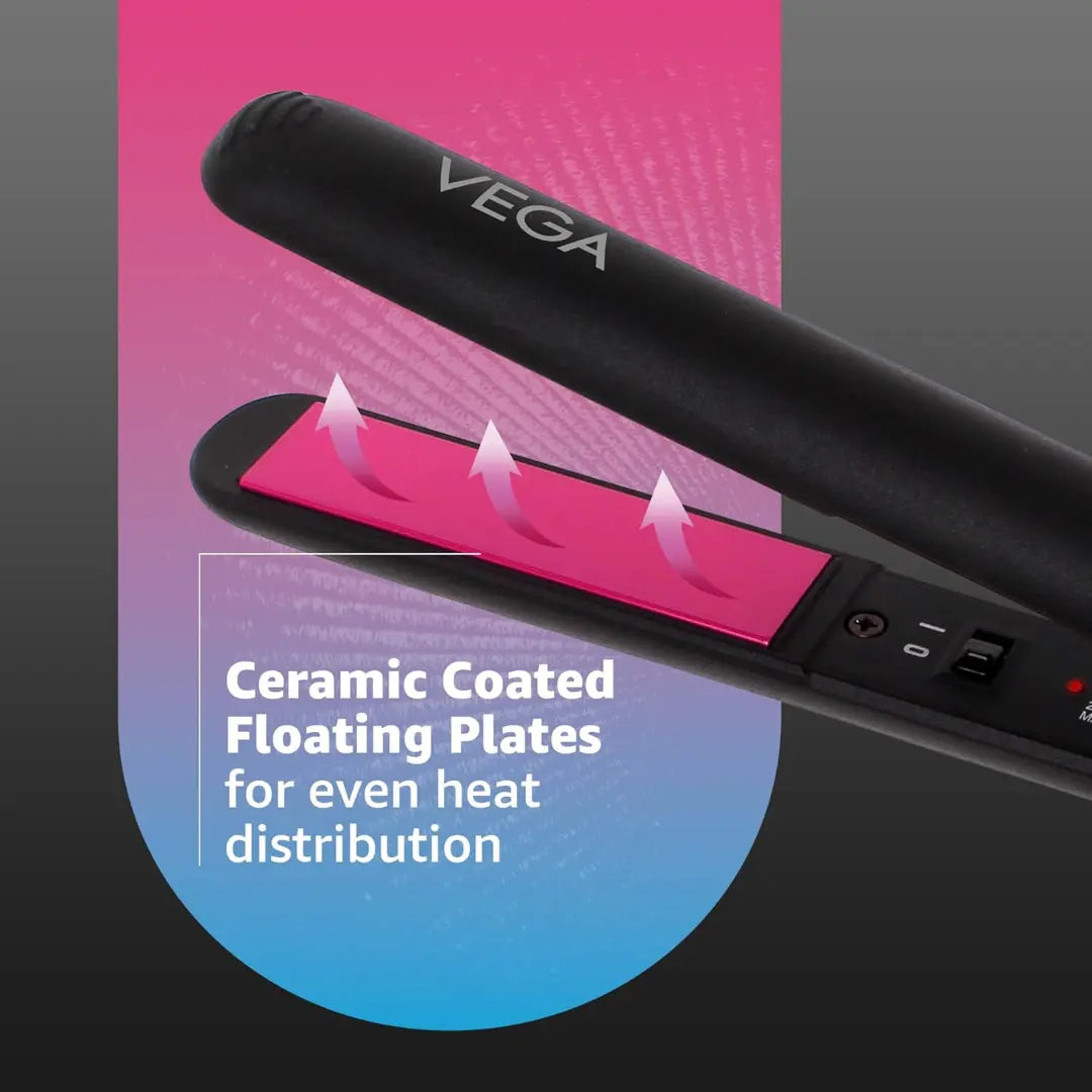 Vega Adore Hair Straightener for Women with Ceramic Coated Plates & Quick Heat-Up, Power ON/OFF Button,, Easy Lock Button, 1 Year Warranty, (VHSH-18), (Made in India), Black