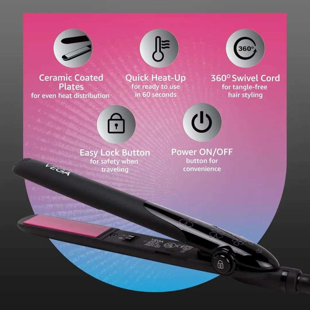 Vega Adore Hair Straightener for Women with Ceramic Coated Plates & Quick Heat-Up, Power ON/OFF Button,, Easy Lock Button, 1 Year Warranty, (VHSH-18), (Made in India), Black