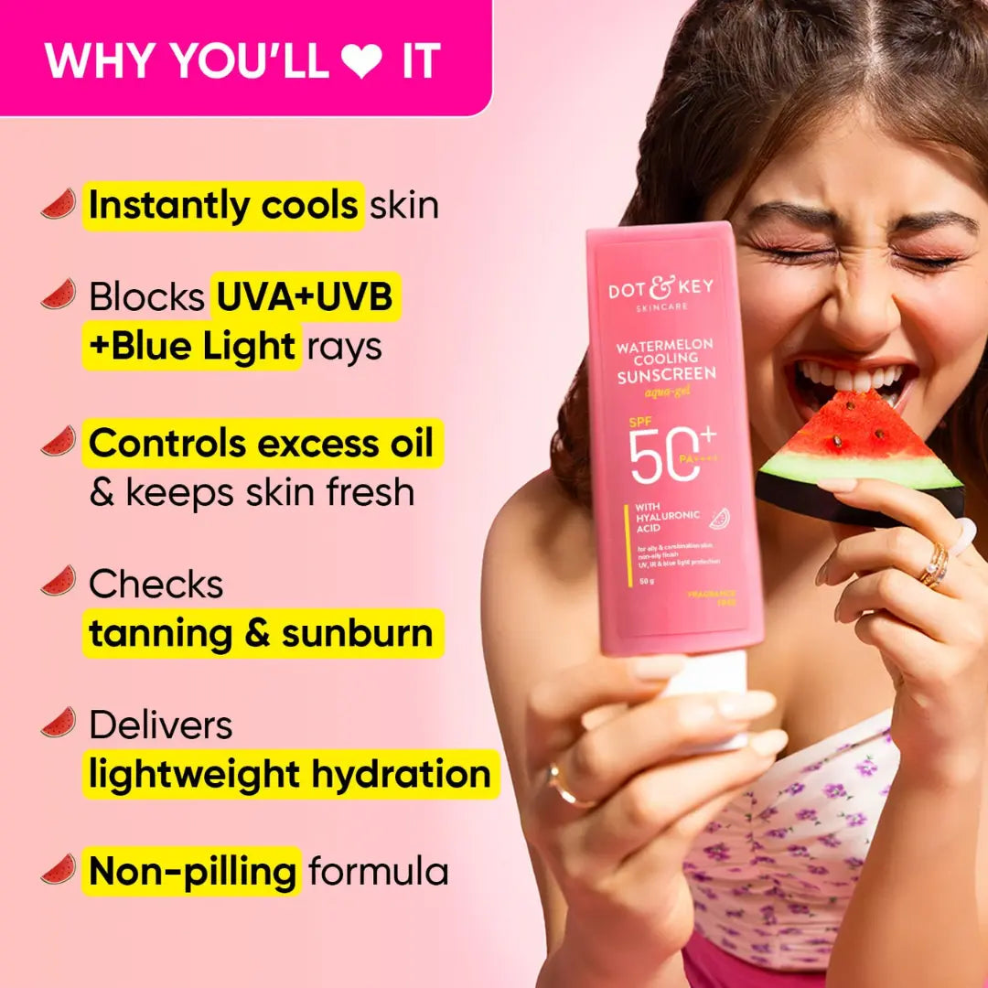 Dot & Key Watermelon Cooling Sunscreen SPF 50+ PA++++ | With Hyaluronic Acid, Instantly Cools Skin, Broad Spectrum Protection | Controls Excess Oil, Checks Tanning | No White Cast, All Skin Types | (80g)