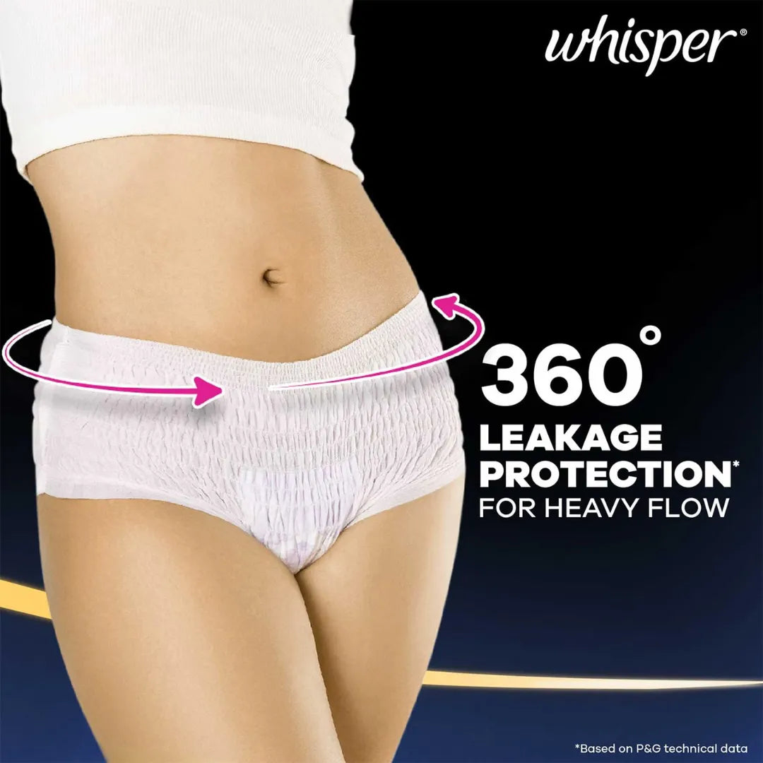 Whisper Super Absorbent Period Panty, 2 M-L Pants, 360 Degree Leakage Protection for Heavy Flow, Panty like Fit for Full back Coverage, Absorbs Heavy Gushes, Silky Soft, Comfortable Feel