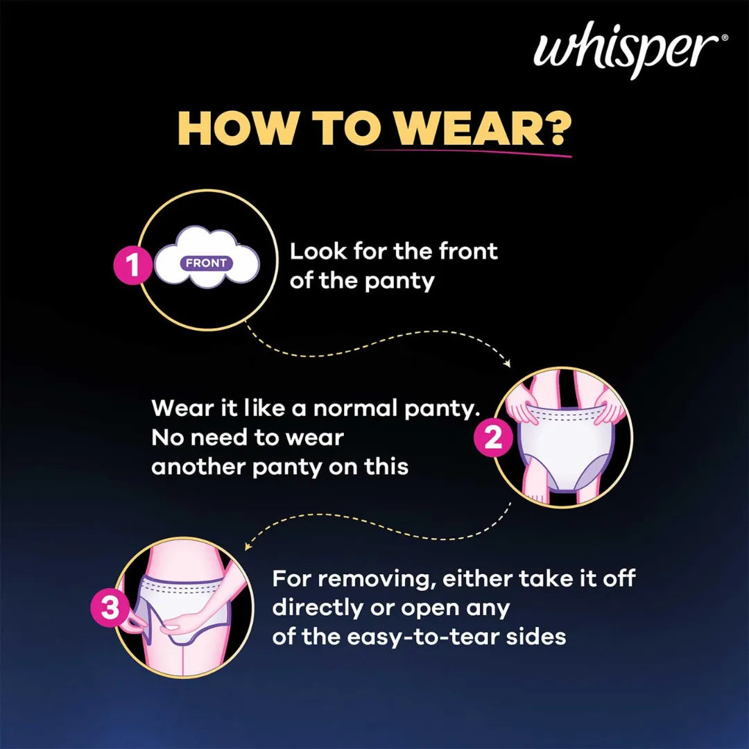 Whisper Super Absorbent Period Panty, 2 M-L Pants, 360 Degree Leakage Protection for Heavy Flow, Panty like Fit for Full back Coverage, Absorbs Heavy Gushes, Silky Soft, Comfortable Feel