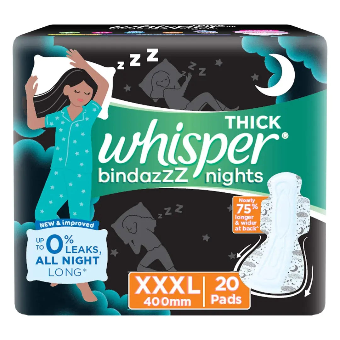 WHISPER BINDAZZZ NIGHTS SANITARY PADS, 20 XXXL PADS, UPTO 0% LEAKS ALL NIGHT LONG, FOR HEAVY FLOW, 75% LONGER & WIDER BACK, COMFORTABLE CUSHIONY SOFT WINGS, DISPOSABLE WRAPPER