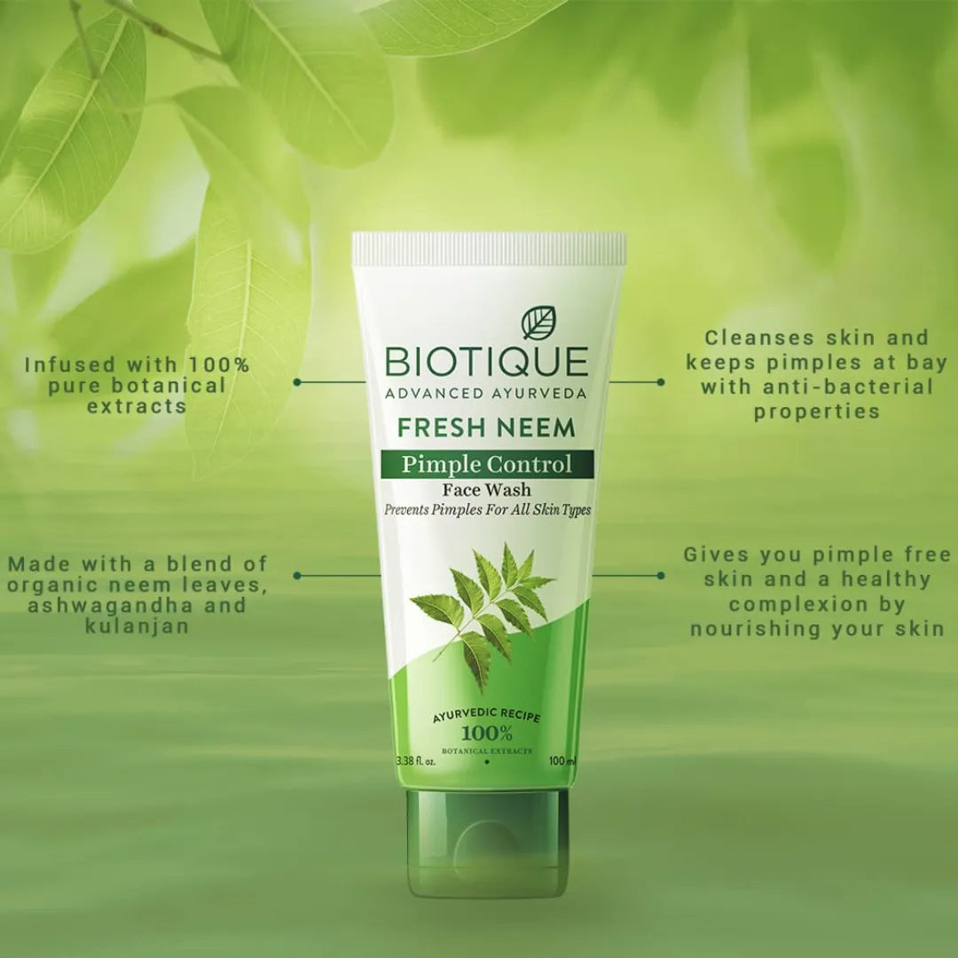 Biotique Fresh Neem Pimple Control Face Wash Prevents Pimples For All Skin Types (100ml)